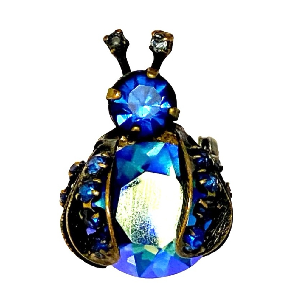 Vintage WARNER Signed Beetle Brooch Insect Blue Rhinestone
